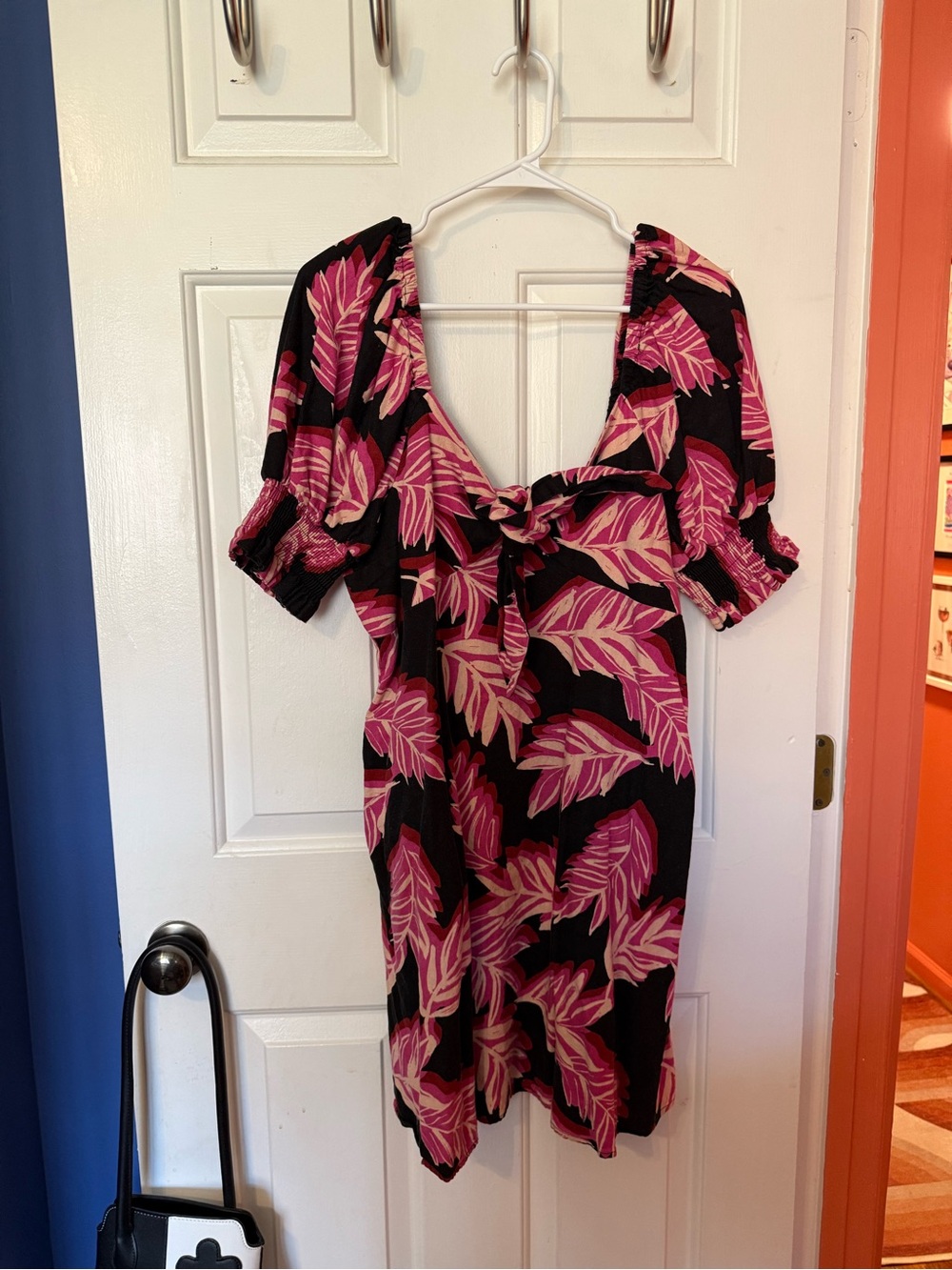 Who What Wear Black Mini Dress with Pink Leaf Print